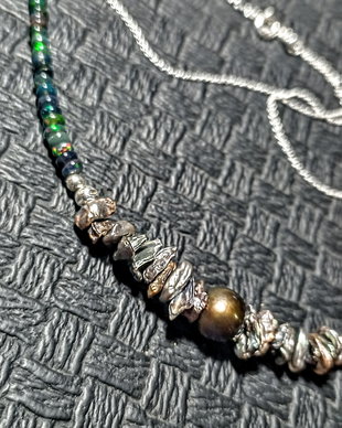 Colier argint opal de foc etiopian negru perle naturale de cultura keshi lant argint boho chic trendy - Transport gratuit