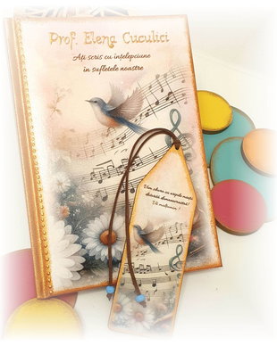 Set format din agenda nedatata personalizata, format A5 si semn de carte din lemn, cadou Prof. Muzica / Educatie muzicala