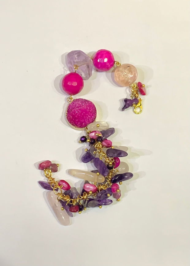 BRĂȚARĂ~INTENSE PINK~agate,agata druzy,cuart roz,ametist,sidef,hematit,accesorii metalice aurii