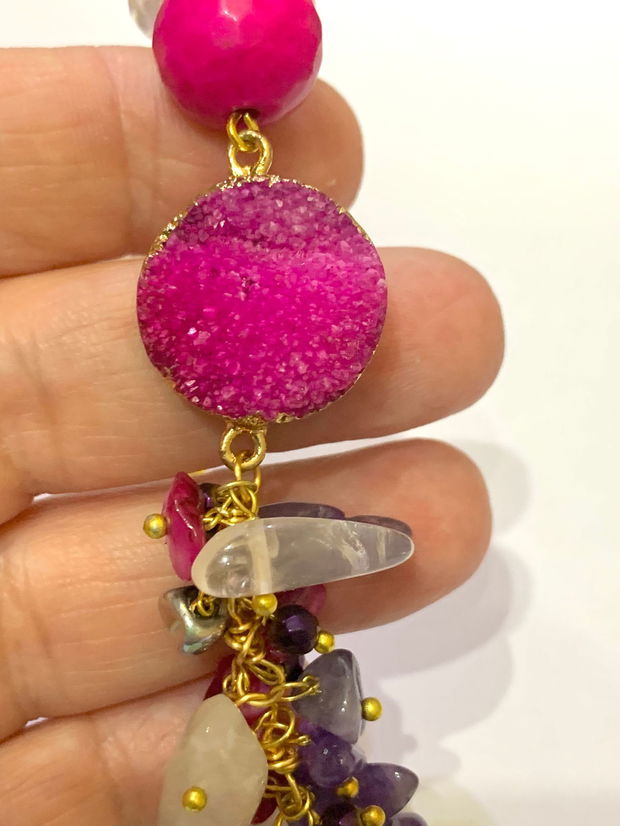 BRĂȚARĂ~INTENSE PINK~agate,agata druzy,cuart roz,ametist,sidef,hematit,accesorii metalice aurii