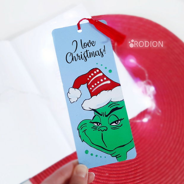 Semn de carte Craciun Grinch pictat manual cu mesaj