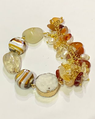 BRĂȚARĂ~SHINING SNOW~agate,citrin,lampwork,druzy,accesorii aurii