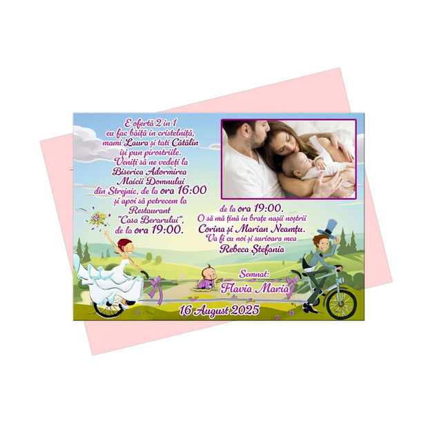 Invitatie nunta si botez 2 in 1 roz