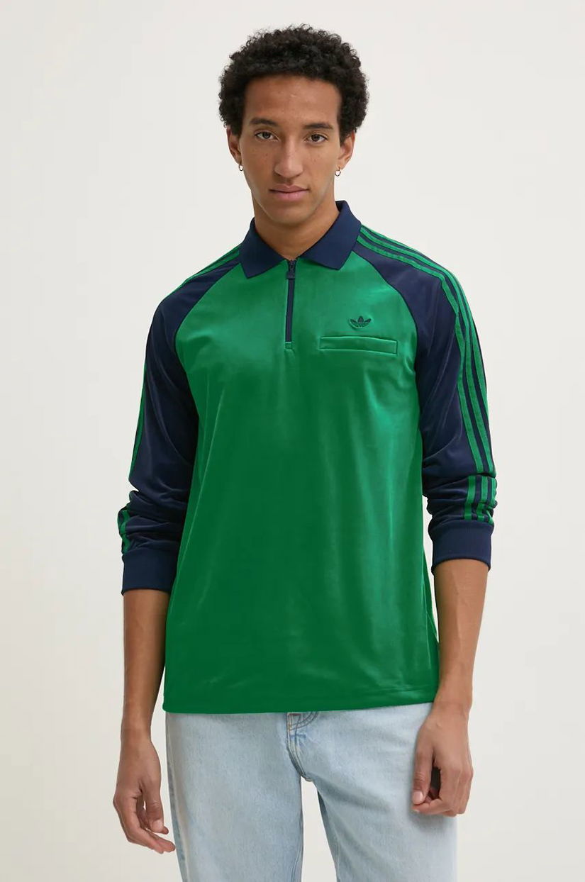 adidas Originals bluză din velur Velour Polo culoarea verde, cu imprimeu, JN5981