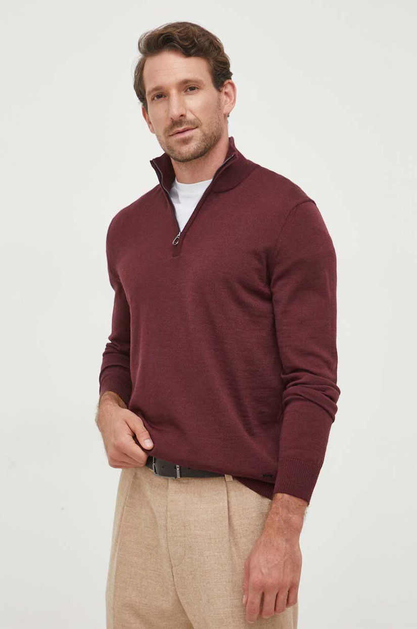 Joop! pulover de lana barbati, culoarea bordo, light, cu turtleneck