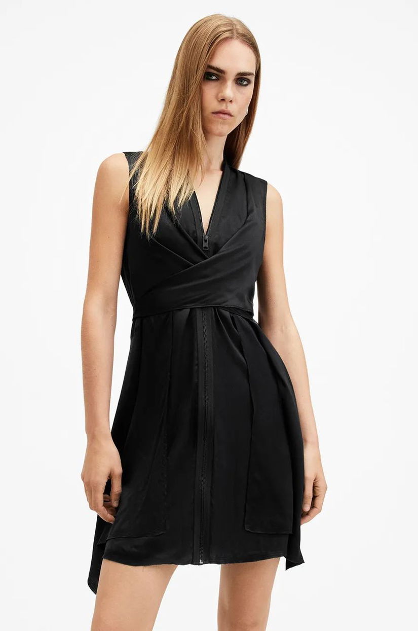 AllSaints rochie din amestec de matase JAYDA culoarea negru, mini, evazati, W278DB