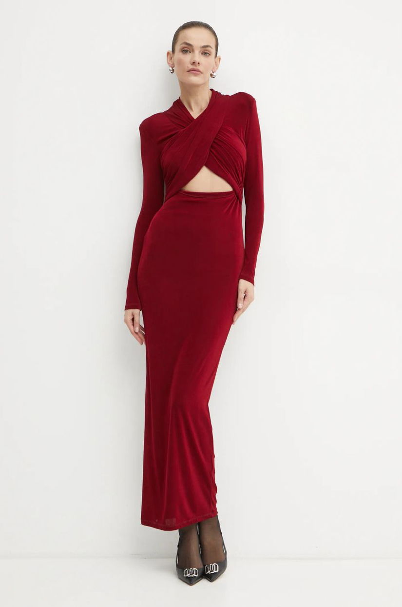 Bardot rochie RENO culoarea bordo, maxi, mulata, 58742DB