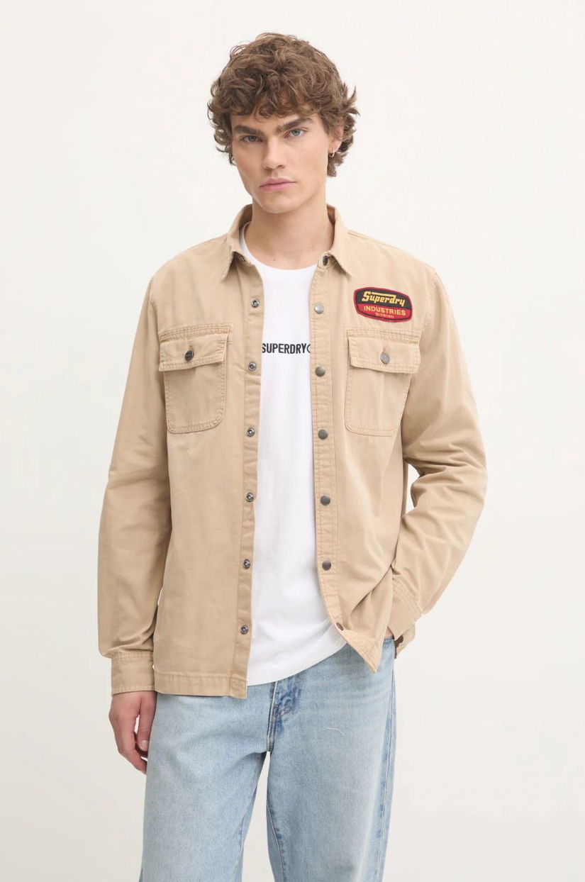 Superdry camasa din bumbac barbati, culoarea bej, cu guler clasic, regular, M4010891A-5YE