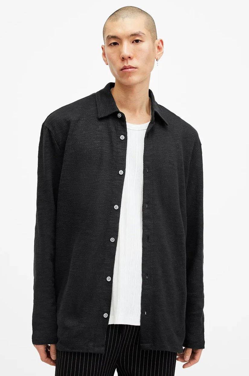 AllSaints camasa din bumbac FOSTER barbati, culoarea negru, cu guler clasic, relaxed, M004PB