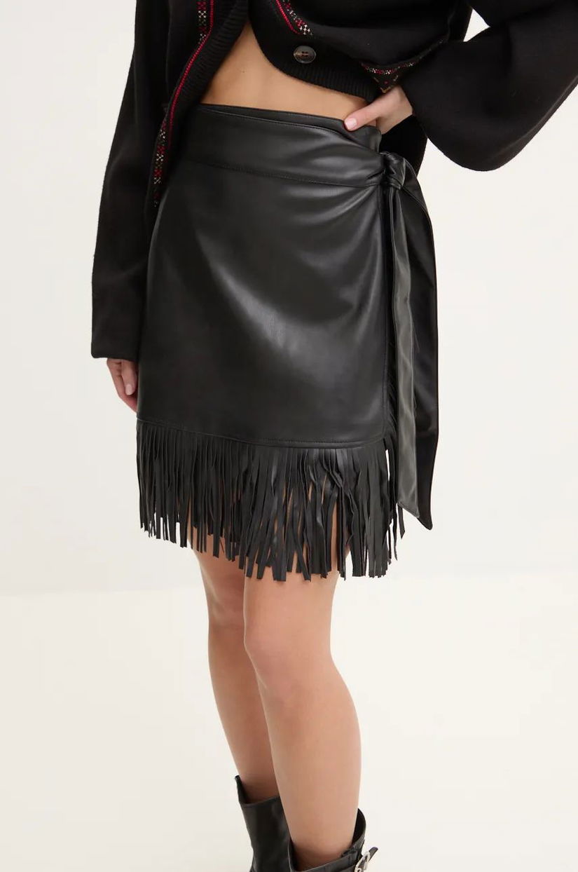 Never Fully Dressed fusta Vegan Leather Mini Fringe Jaspre culoarea negru, mini, creion, NFDSK591