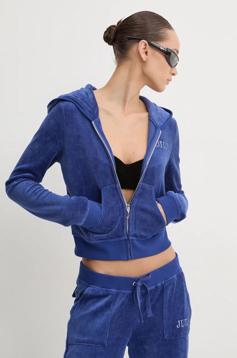 Juicy Couture bluză din velur HERITAGE CROWN ROBYN HOODIE cu glugă, cu imprimeu, JCGAS224011