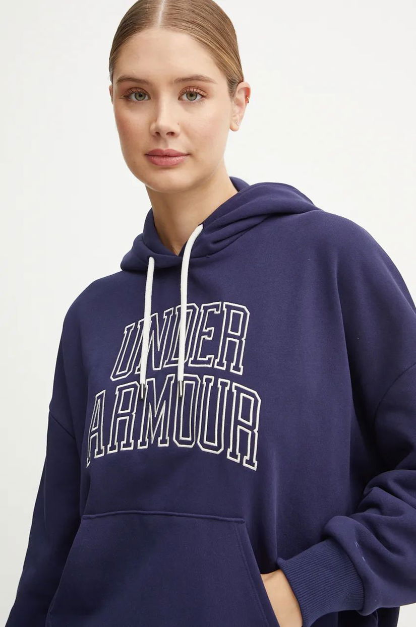 Under Armour bluza Icon HWT Terry femei, culoarea albastru marin, cu glugă, cu imprimeu, 1386494