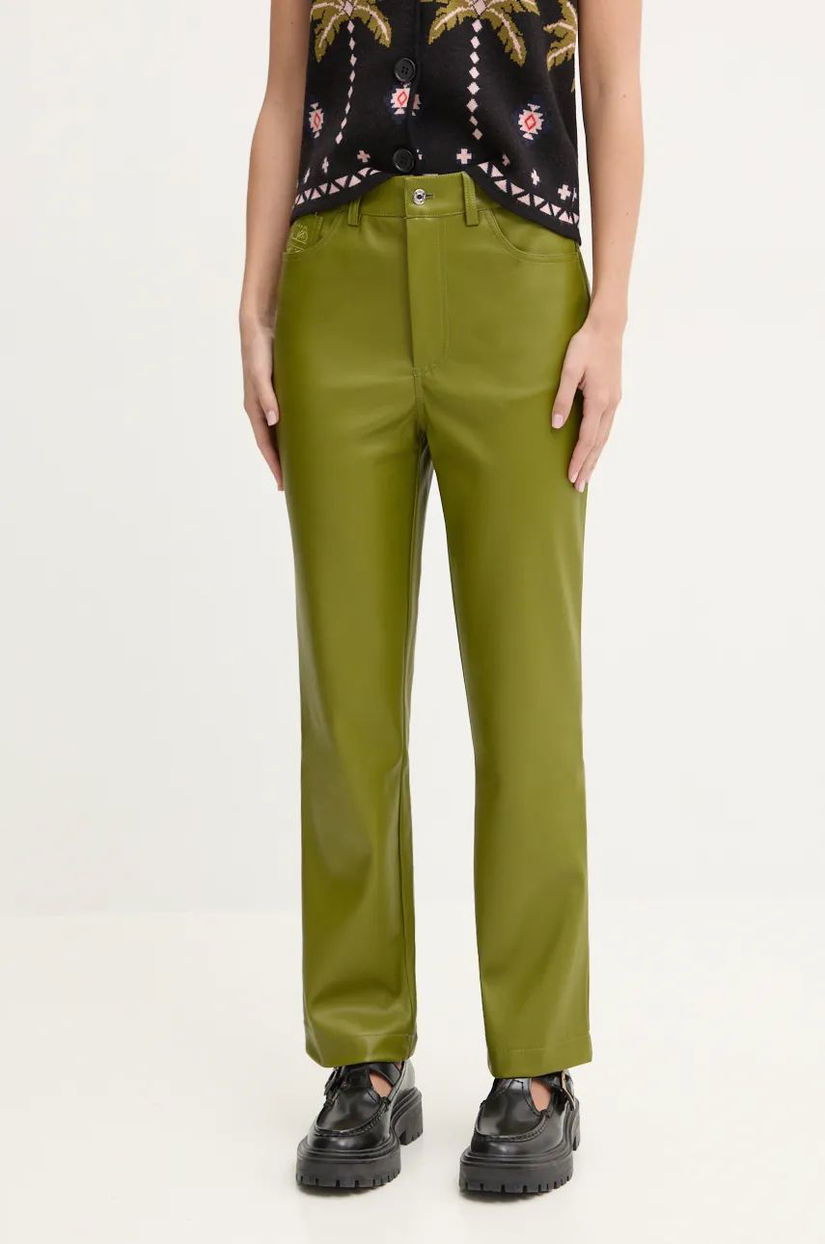 Never Fully Dressed pantaloni femei, culoarea verde, drept, high waist, NFDTR328