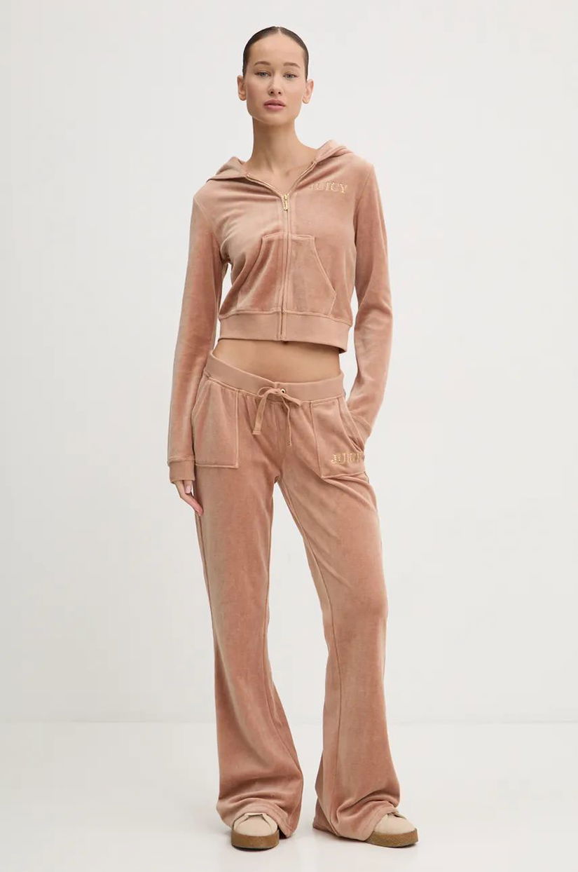 Juicy Couture pantaloni de trening din velur HERITAGE CROWN CAISA LOW RISE PANT culoarea maro, cu imprimeu, JCGBJ224012