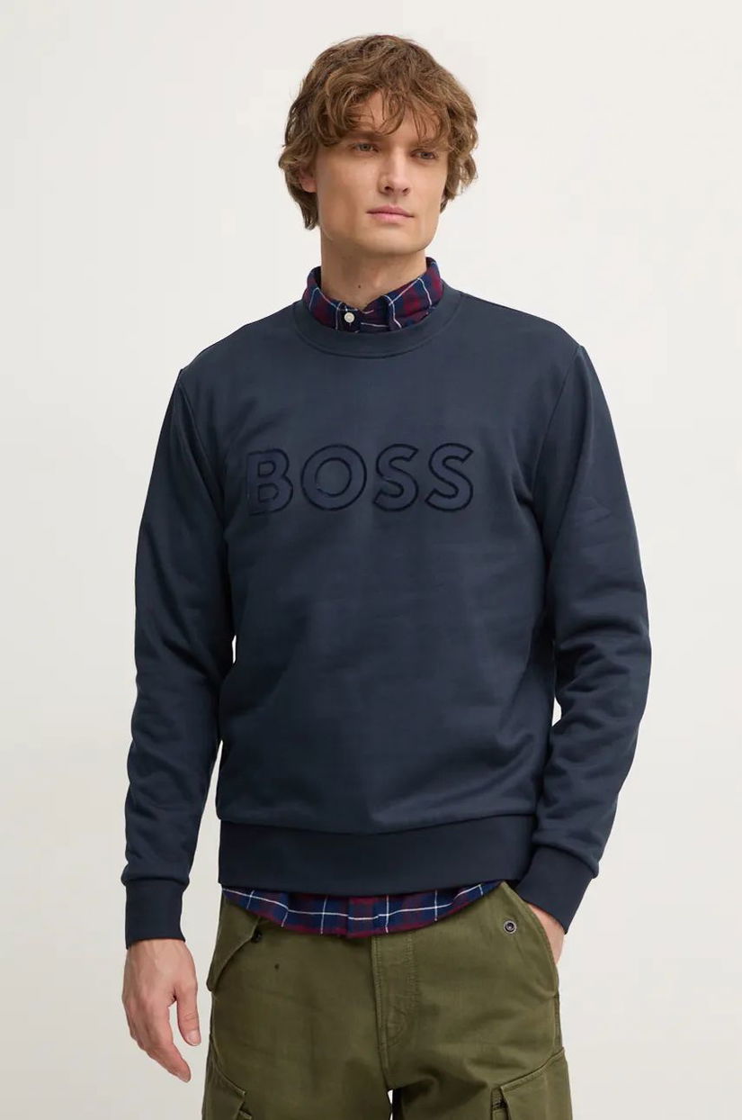 BOSS hanorac de bumbac barbati, culoarea albastru marin, cu imprimeu, 50524360