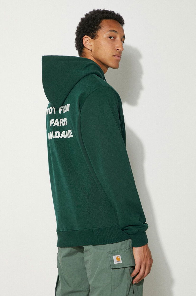 Drôle de Monsieur hanorac de bumbac Le Hoodie Slogan barbati, culoarea verde, cu glugă, cu imprimeu, PERM-HO162-CO127-DGN