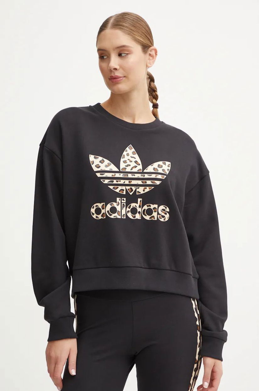 adidas Originals hanorac de bumbac Leopard Sweat femei, culoarea negru, cu imprimeu, IW8480