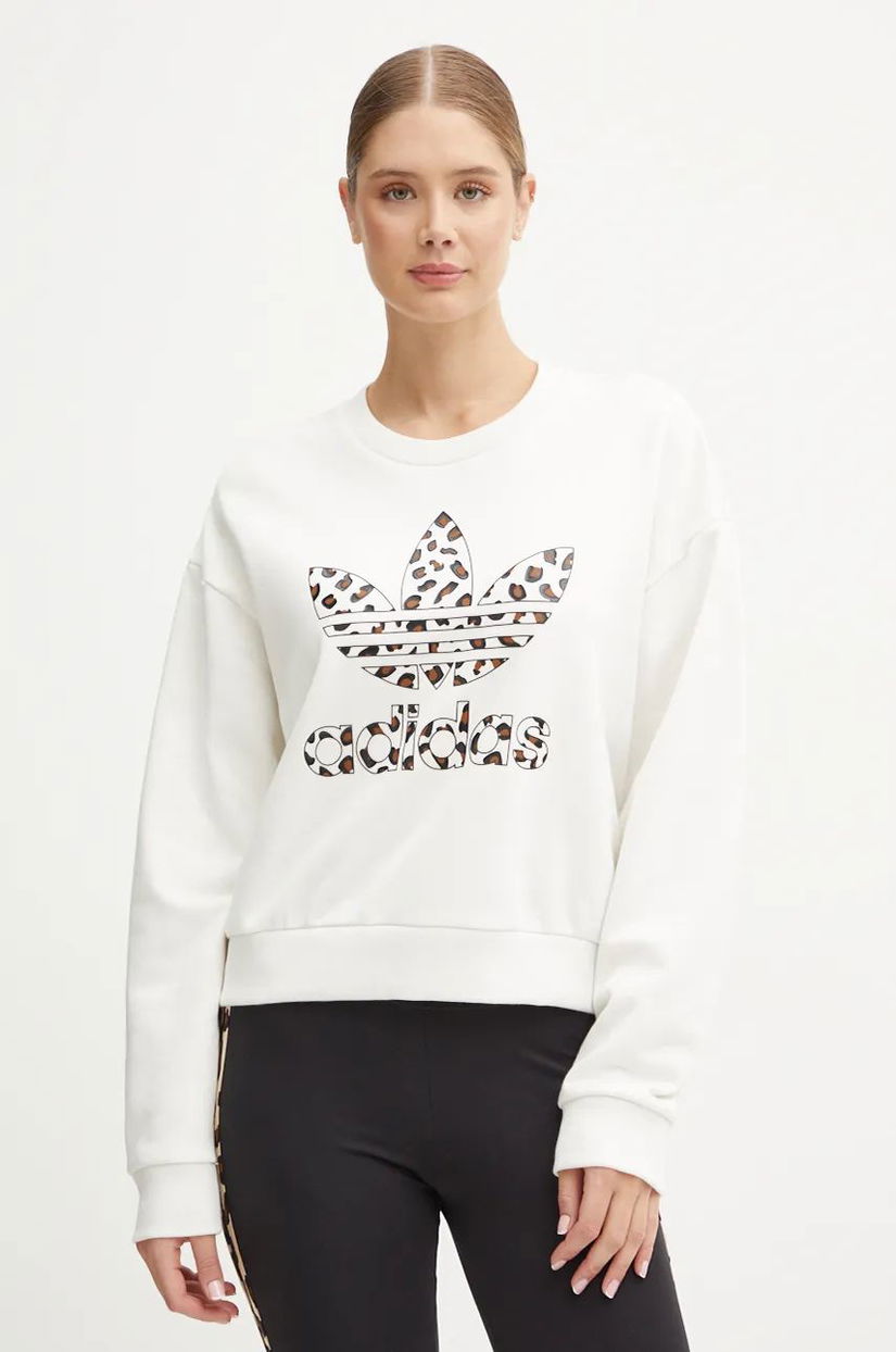 adidas Originals hanorac de bumbac Leopard Sweat femei, culoarea alb, cu imprimeu, IW8477