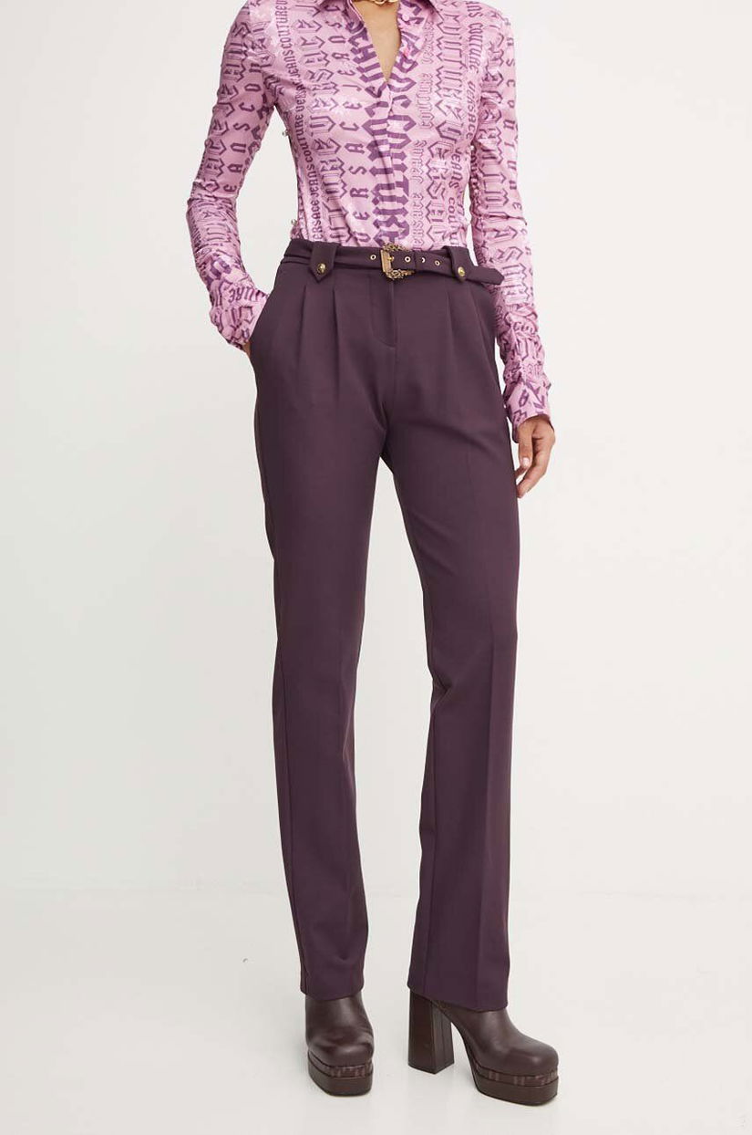 Versace Jeans Couture pantaloni femei, culoarea violet, drept, high waist, 77HAA117 N0394