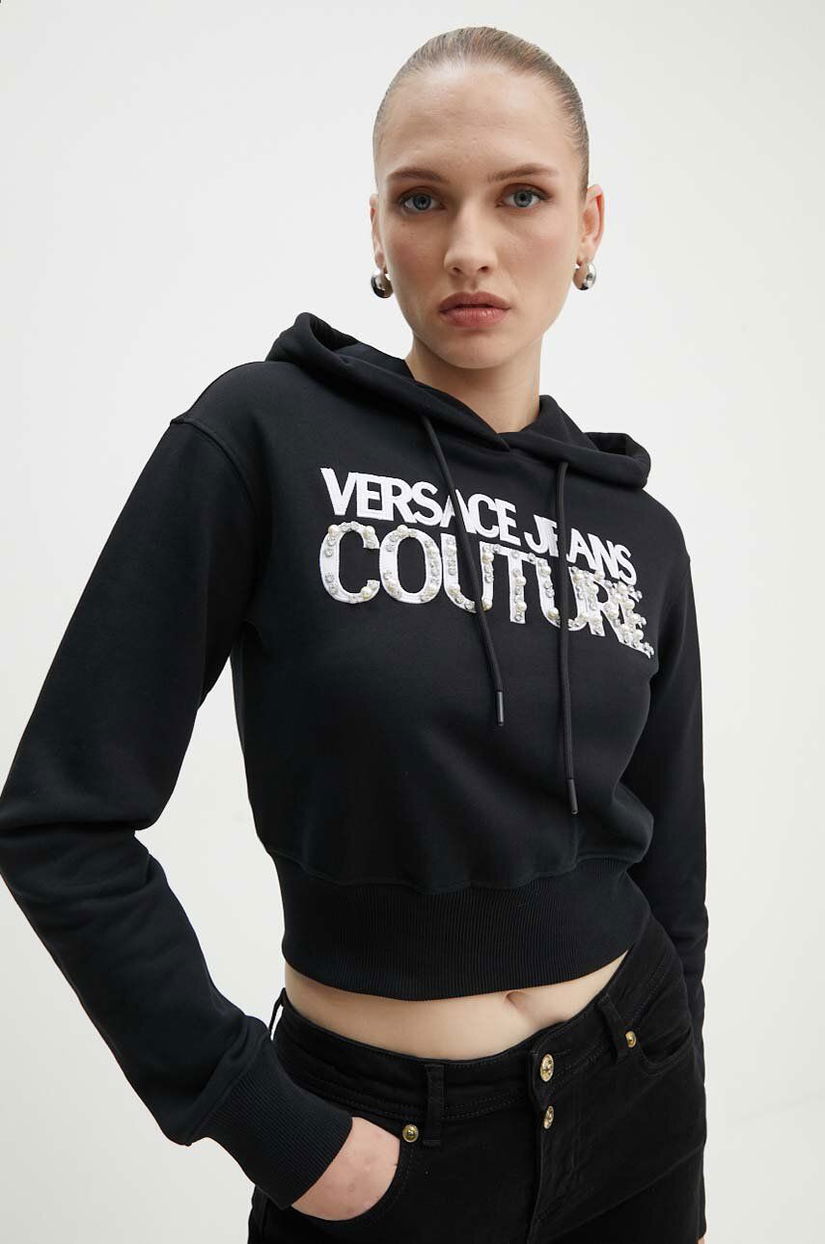 Versace Jeans Couture hanorac de bumbac femei, culoarea negru, cu glugă, cu imprimeu, 77HAIE07 CF00E