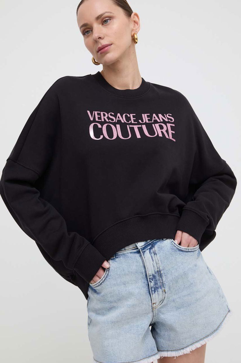 Versace Jeans Couture hanorac de bumbac femei, culoarea negru, cu glugă, cu imprimeu