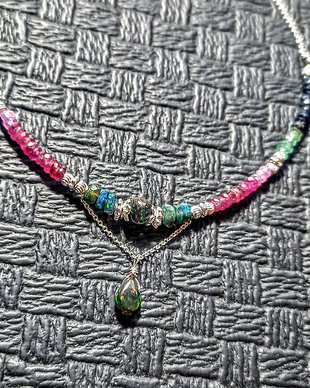 Colier argint opal de foc etiopian negru rubin safir smarald ombre  lant argint brioleta gradient minimalist boho chic trendy - Transport gratuit