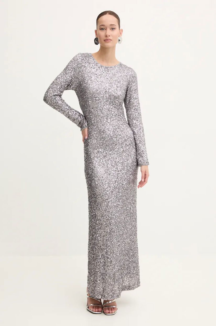 Never Fully Dressed rochie Soho culoarea argintiu, maxi, mulata, NFDDR1428