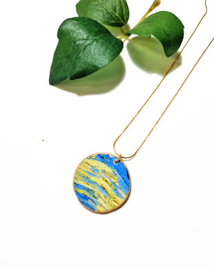 Colier "Van Gogh-Blue Circle" din fragment de portelan si argint placat cu aur