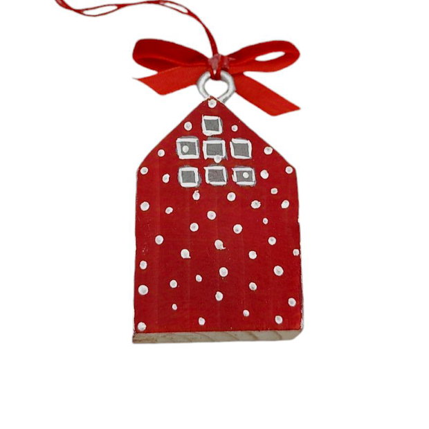 Decoratiune Craciun mini casuta rosu alb cu buline, 4267