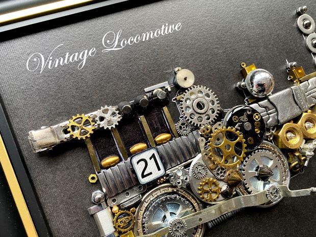 Locomotiva de epoca Cod M 632・Tablou decorativ din piese de ceas・Arta・Tablou steampunk