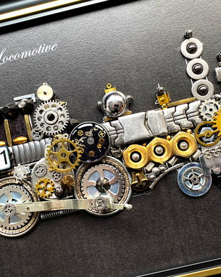 Locomotiva de epoca Cod M 632・Tablou decorativ din piese de ceas・Arta・Tablou steampunk