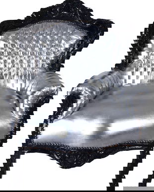Fotoliu monumental din lemn masiv negru cu tapiterie argintie
