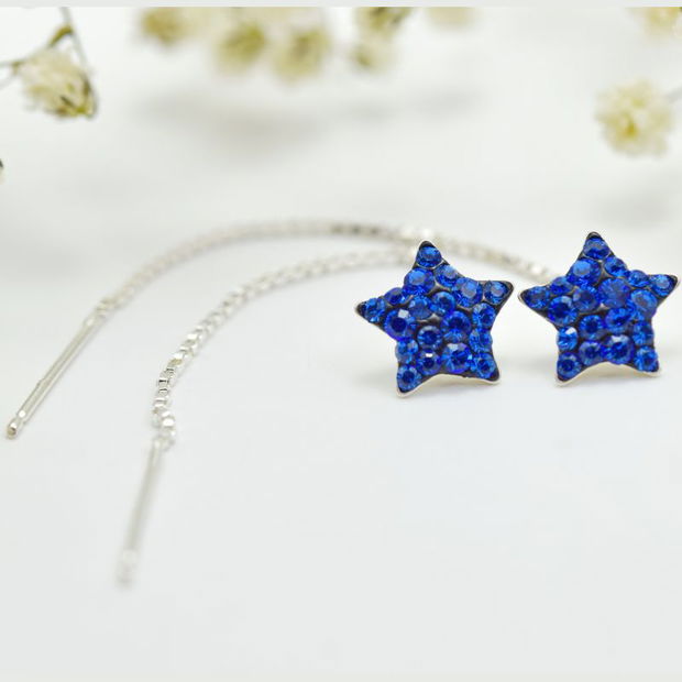 Cercei handmade cu lantisor forma Stea,Steluta, Star Sapphire Blue  Argint 925