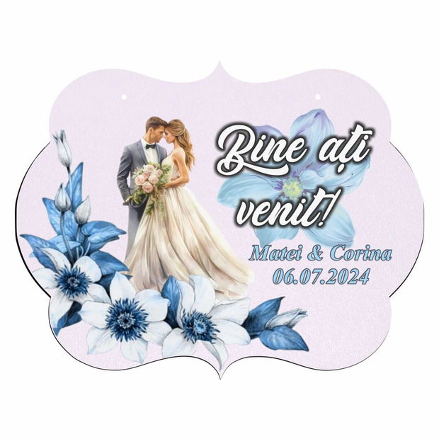 Pancarta Bine Ati Venit, Personalizata, Nunta, Albastru, 40x31cm, PBUV027