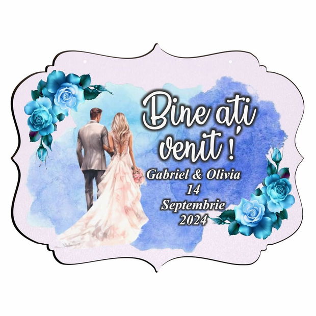 Pancarta Bine Ati Venit, Personalizata, Nunta, Albastru, 40x31cm, PBUV028