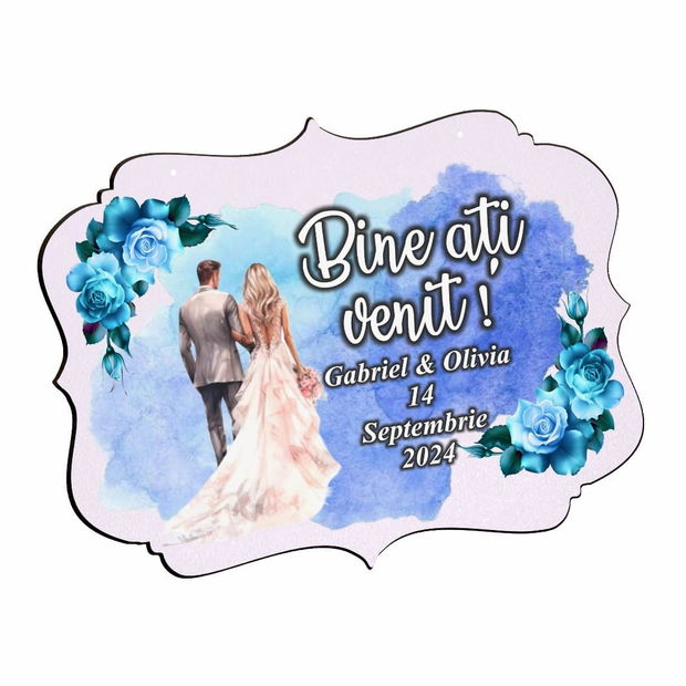 Pancarta Bine Ati Venit, Personalizata, Nunta, Albastru, 40x31cm, PBUV028