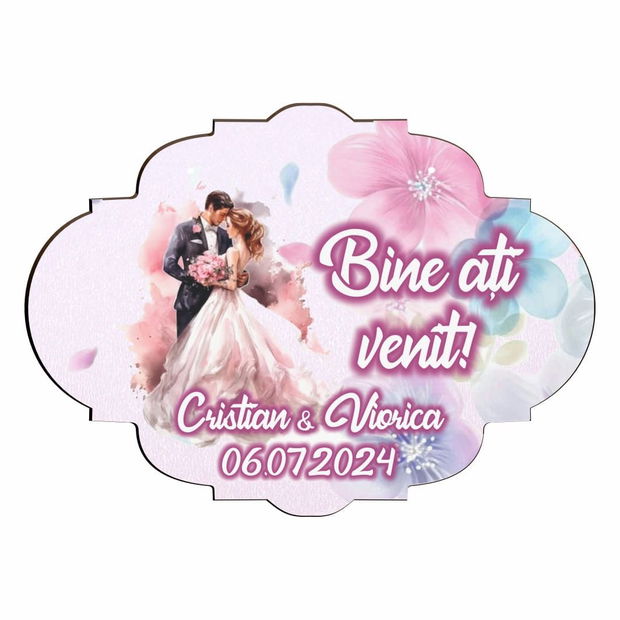 Pancarta Bine Ati Venit, Personalizata, Nunta, Roz, Mov, 40x31cm, PBUV033