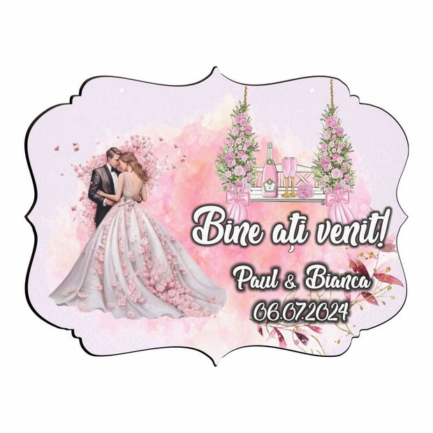 Pancarta Bine Ati Venit, Personalizata, Nunta, Roz, 40x31cm, PBUV034