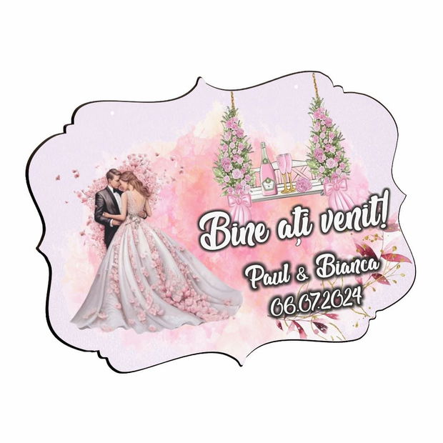 Pancarta Bine Ati Venit, Personalizata, Nunta, Roz, 40x31cm, PBUV034