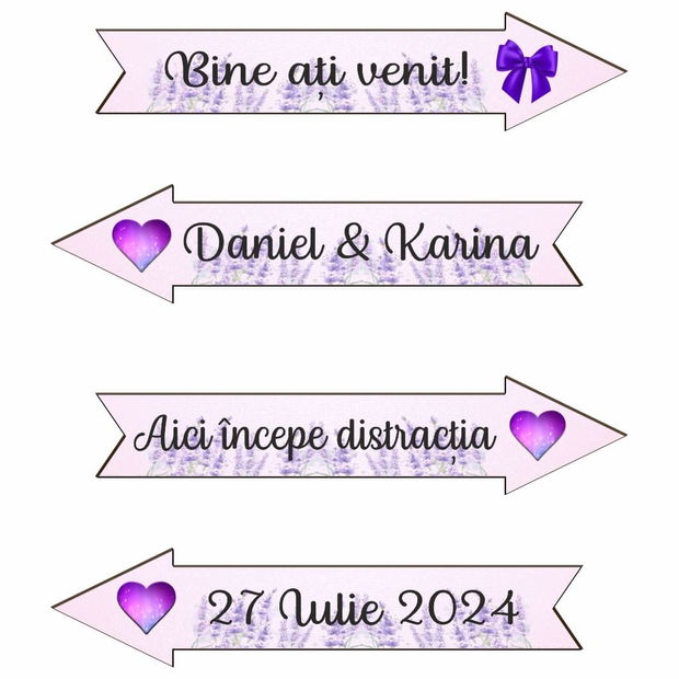 Set Pancarte Bine ati venit, Nunta, Personalizata, Mov, 46×14 cm, PSNUV016