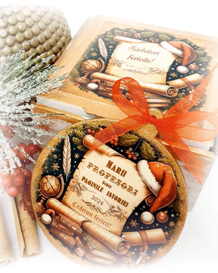 Decoratiune personalizata pentru Craciun, in forma de glob, personalizata cu mesaj pentru profesori, tema vintage