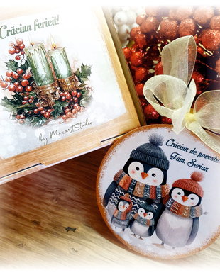 Decoratiune personalizata pentru Craciun, in forma de glob, tema Familie, pinguini