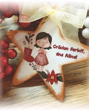 Decoratiune personalizata pentru Craciun, in forma de stea, cadou ingrijitoare / invatatoare / educatoare