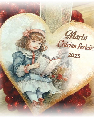Decoratiune personalizata pentru Craciun, in forma de inima, tema lectura