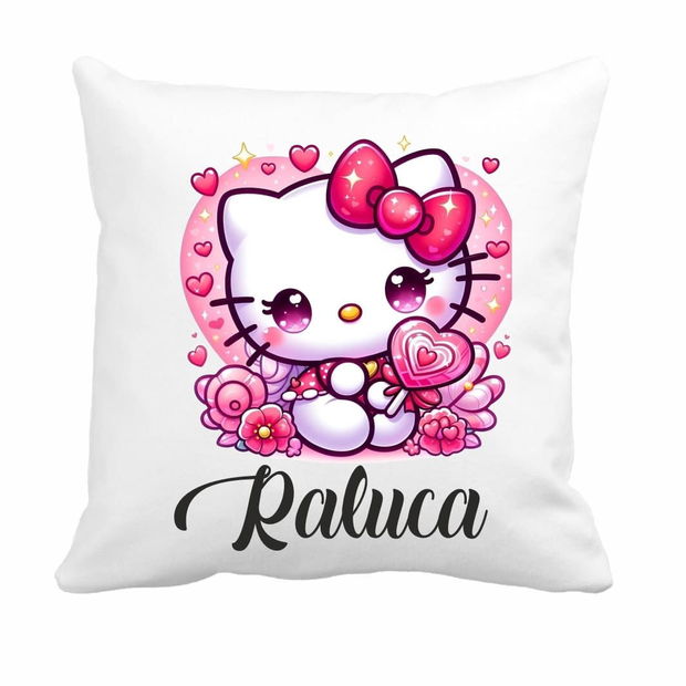 Perna personalizata cu nume, Gradinita, Hello Kitty, 40×40 cm, PGR053