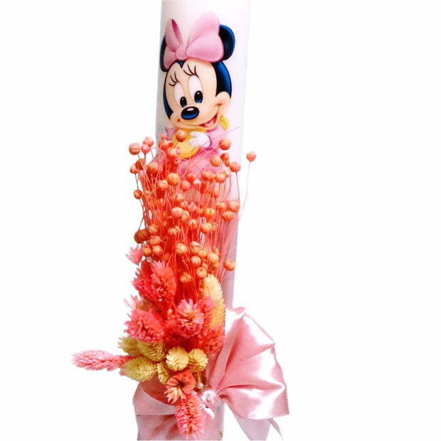 Lumanare Botez, Minnie Mouse, Roz, Flori uscate, 35 cm, LMB059