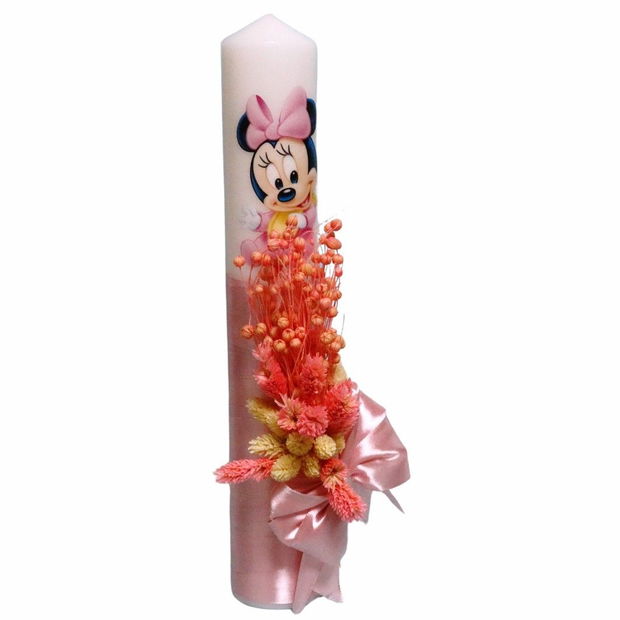 Lumanare Botez, Minnie Mouse, Roz, Flori uscate, 35 cm, LMB059