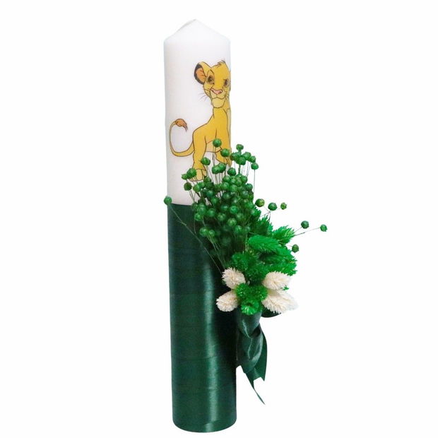 Lumanare Botez, Lion King, Verde, Flori uscate, 35 cm, LMB064