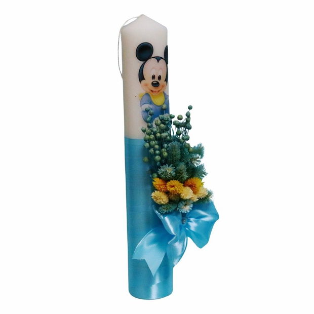 Lumanare Botez, Mickey Mouse, Albastru, Flori uscate, 35 cm, LMB065