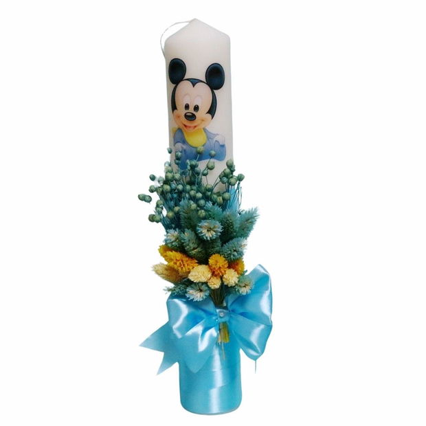 Lumanare Botez, Mickey Mouse, Albastru, Flori uscate, 35 cm, LMB065